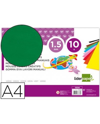 Goma eva liderpapel din a4 60g m2 espesor 15mm verde paquete de 10 hojas