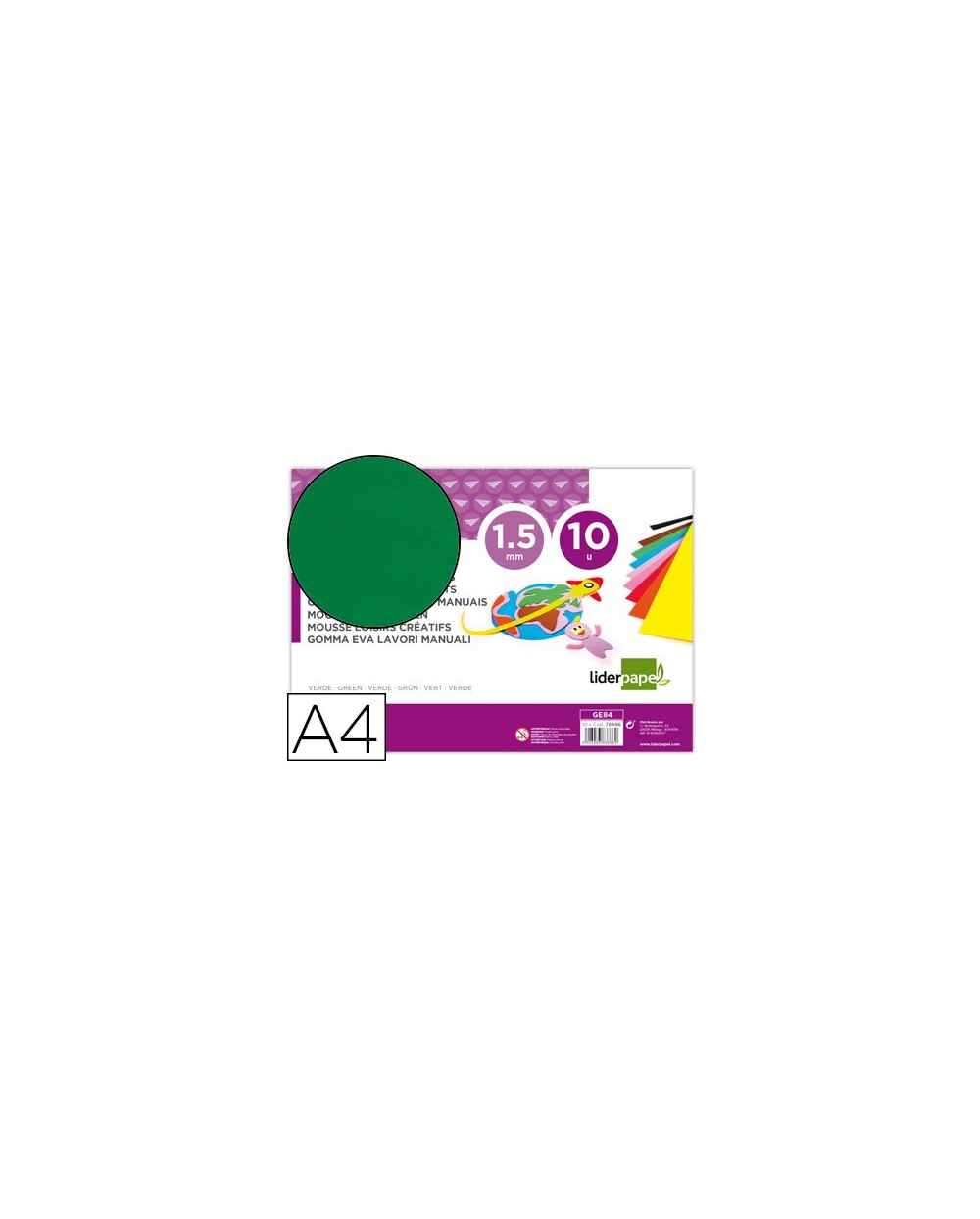 Goma eva liderpapel din a4 60g m2 espesor 15mm verde paquete de 10 hojas