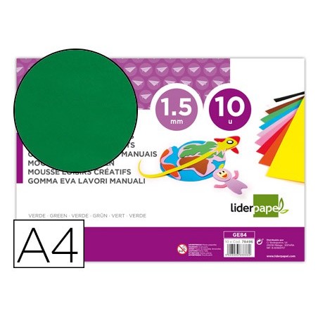 Goma eva liderpapel din a4 60g m2 espesor 15mm verde paquete de 10 hojas