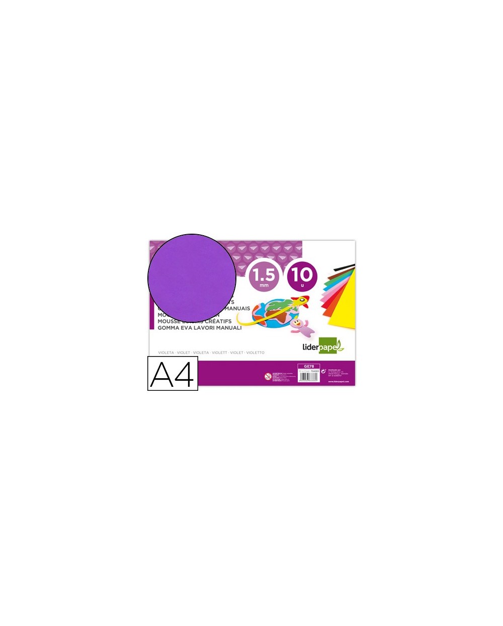 Goma eva liderpapel din a4 60g m2 espesor 15mm violeta paquete de 10 hojas