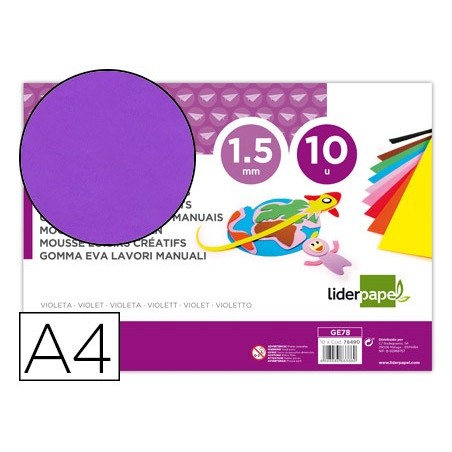 Goma eva liderpapel din a4 60g m2 espesor 15mm violeta paquete de 10 hojas