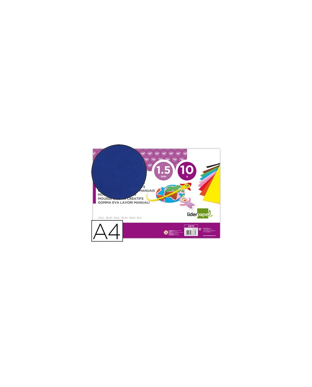 Goma eva liderpapel din a4 60g m2 espesor 15mm azul paquete de 10 hojas