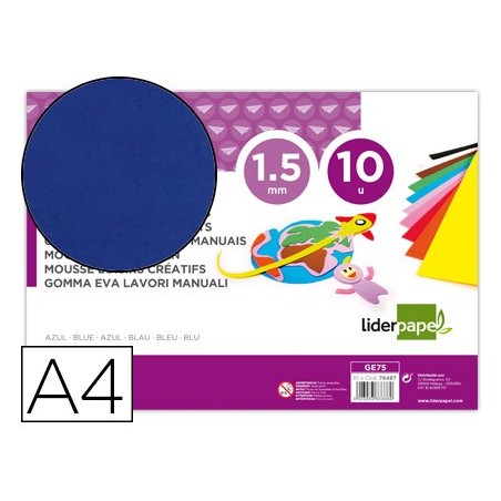 Goma eva liderpapel din a4 60g m2 espesor 15mm azul paquete de 10 hojas