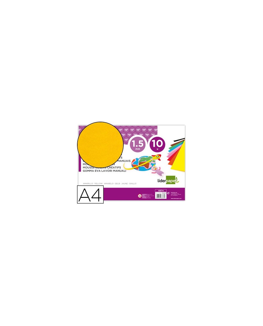 Goma eva liderpapel din a4 60g m2 espesor 15mm amarillo paquete de 10 hojas