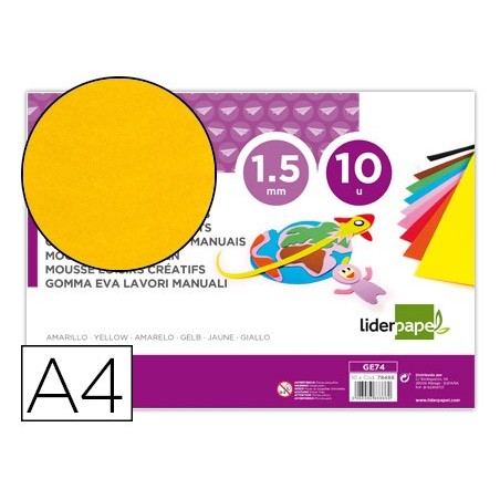 Goma eva liderpapel din a4 60g m2 espesor 15mm amarillo paquete de 10 hojas