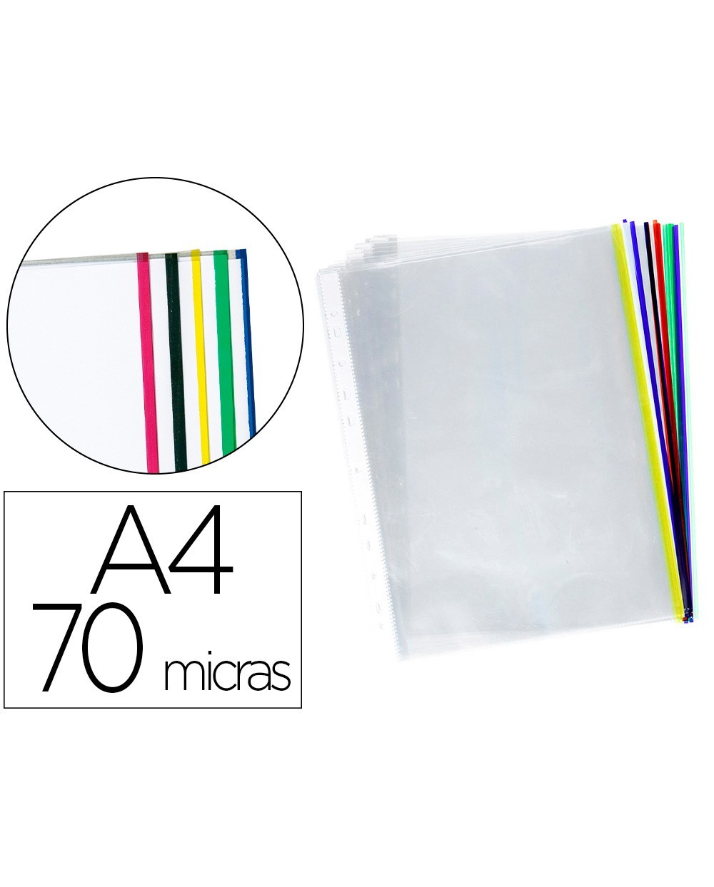 Funda multitaladro q connect din a4 70 mc cristal con borde colores surtidos bolsa de 25