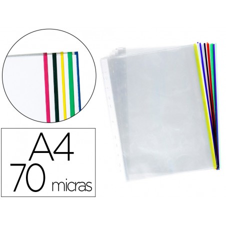 Funda multitaladro q connect din a4 70 mc cristal con borde colores surtidos bolsa de 25