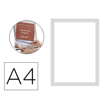 Marco porta anuncios q connect magneto din a4 dorso adhesivo removible color plata pack de 2
