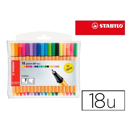 Rotulador stabilo punta de fibra point 88 mini estuche de 18 colores surtidos