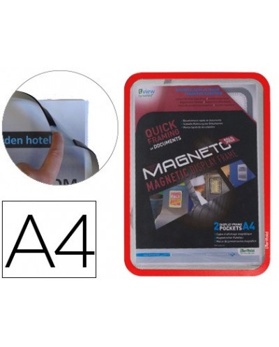 Marco porta anuncios tarifold magneto din a4 con 4 bandas magneticas en el dorso color rojo pack de 2 unidades