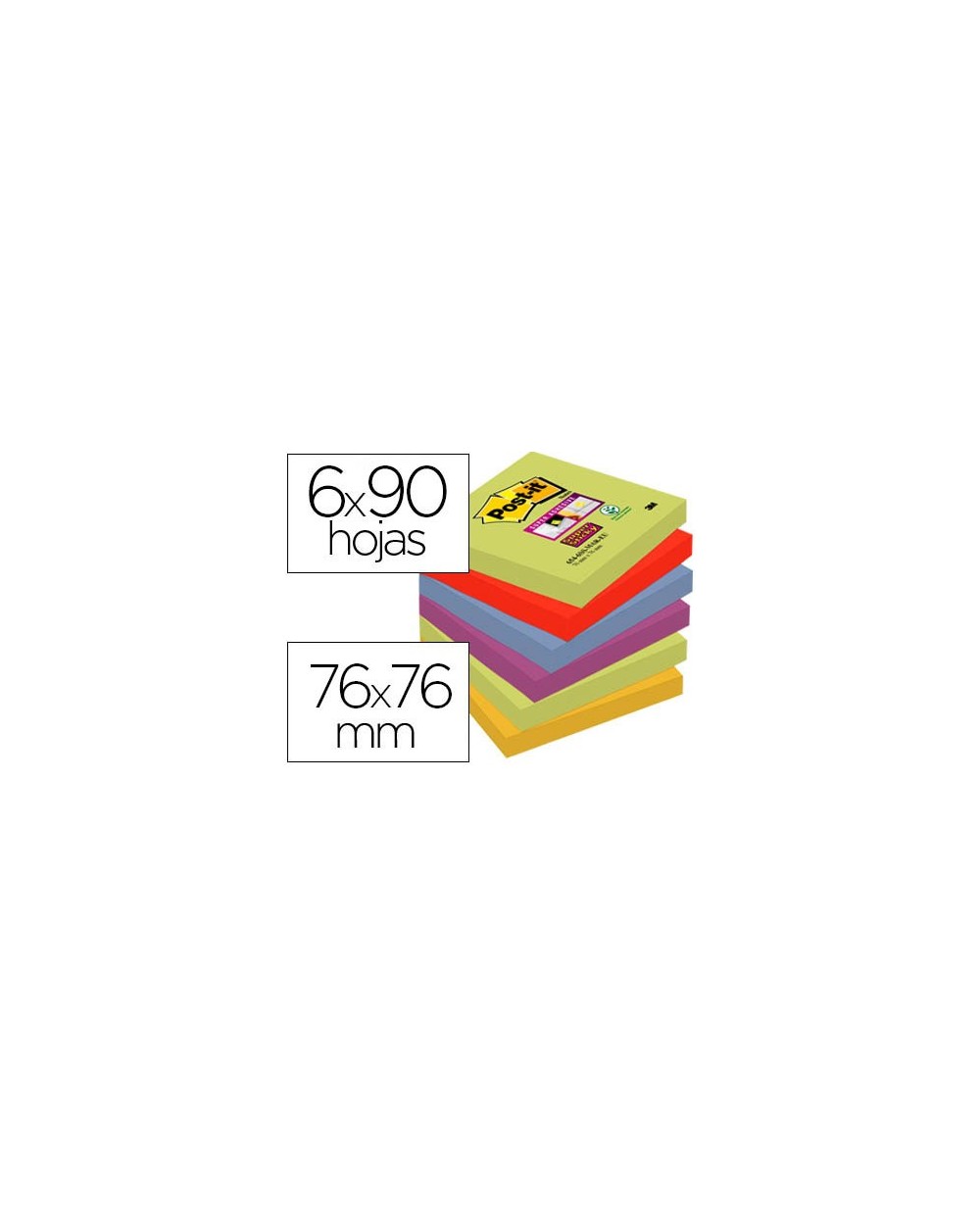 Bloc de notas adhesivas quita y pon post it super sticky 76x76 mm con 90 hojas pack de 6 bloc colores surtidos