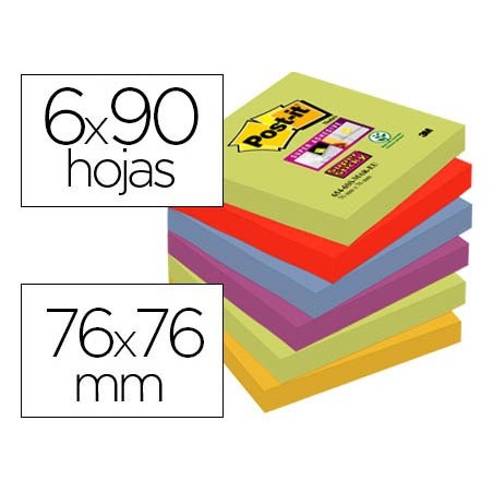 Bloc de notas adhesivas quita y pon post it super sticky 76x76 mm con 90 hojas pack de 6 bloc colores surtidos