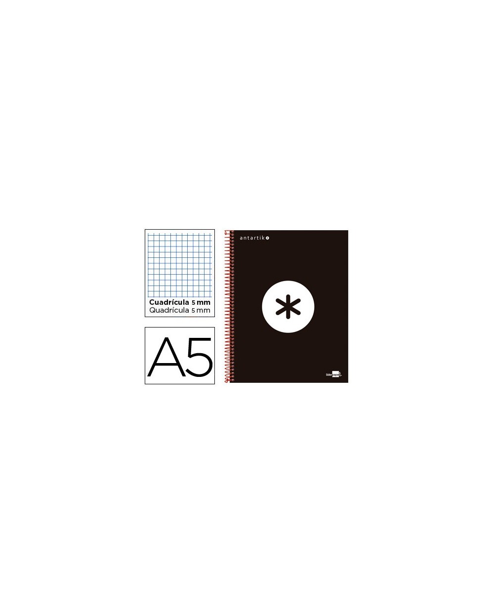 Cuaderno espiral liderpapel a5 micro antartik tapa forrada 120h 100 gr cuadro5mm 5 bandas 6 taladros color negro