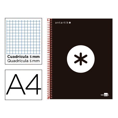 Cuaderno espiral liderpapel a4 micro antartik tapa forrada 120h 100 gr cuadro5mm 5 bandas 4 taladros color negro