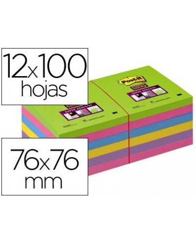 Bloc de notas adhesivas quita y pon post it super stick ultra 76x76 mm pack de 12 bloc verde rosa amarilla