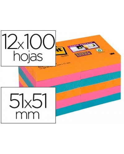 Bloc de notas adhesivas quita y pon post it super sticky 51x51 mm pack de 12 bloc colores intensos surtidos