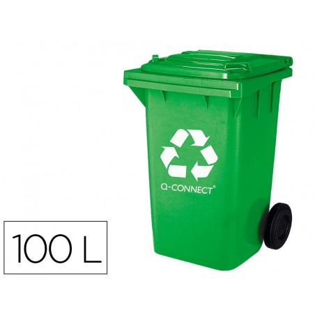 Papelera contenedor q connect plastico con tapadera 100l color verde 750x470x370 mm con ruedas