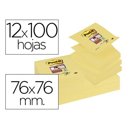 Bloc de notas adhesivas quita y pon post it super sticky 76x76 mm zigzag con 12 bloc amarillo canario
