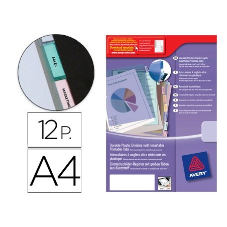 Separador avery de plastico con 12 pestanas personalizable tamano a4