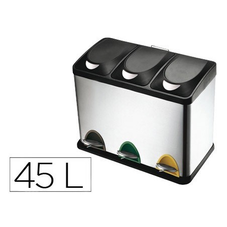 Papelera contenedor q connect metalica con tapadera de plastico y pedal 3 depositos 45l 605x340x485 mm