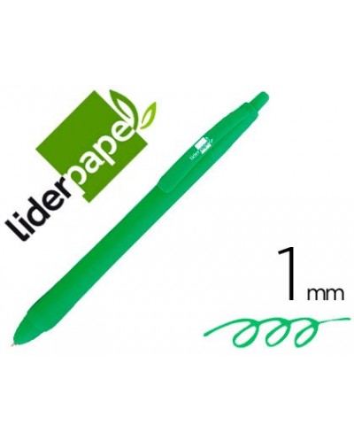 Boligrafo liderpapel gummy touch retractil 10 mm tinta verde