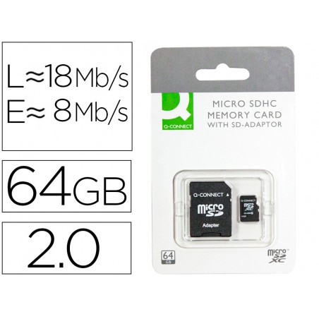 Memoria sd micro q connect flash 64 gb clase 10 con adaptador
