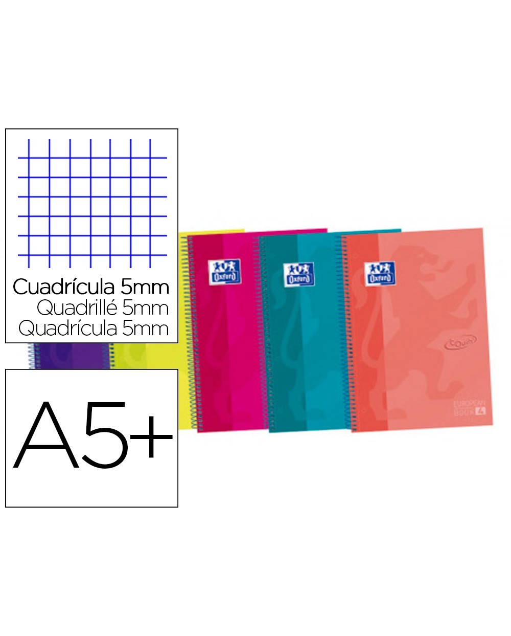 Cuaderno espiral oxford ebook 4 tapa extradura din a5 120 h microperforadas cuadro 5 mm colores vivos surtidos