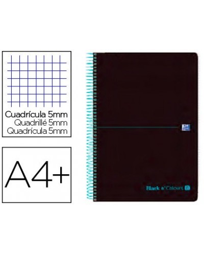 Cuaderno espiral oxford ebook 8 tapa plastico din a4 160 h cuadricula 5 mm black n colors turquesa
