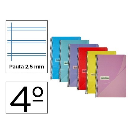 Cuaderno espiral papercop cuarto tapa plastico 80h 90 gr pauta 25 mm con margen colores surtidos