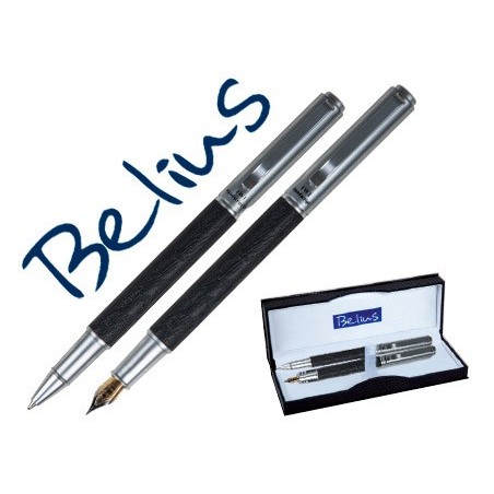 Juego boligrafo y pluma belius zadar negro cuerpo simil piel y detalles cromados satinados en estuche