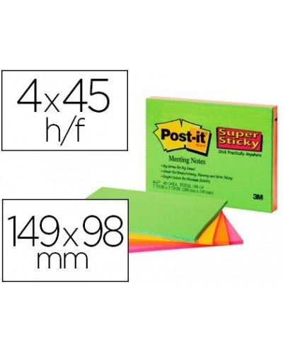 Bloc de notas adhesivas quita y pon post it super sticky 149x98 mm con 45 hojas pack de 4 unidades colores neon