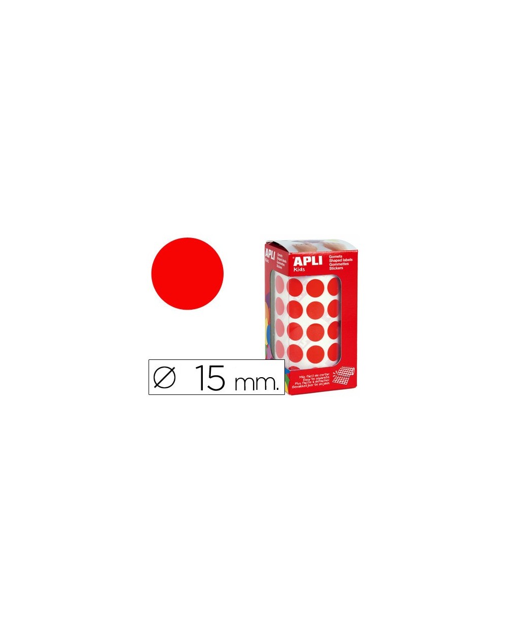 Gomets autoadhesivos circulares 15 mm rojo en rollo con 2832 unidades