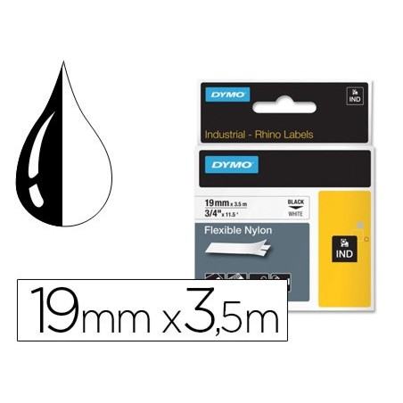 Cinta dymo rhino nylon flexible blanco negro 19mmx 35 mt tape label