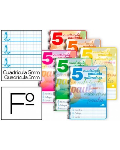 Cuaderno espiral liderpapel folio pautaguia tapa blanda 80h 80 gr cuadro pautado 5mm con margen colores surtidos