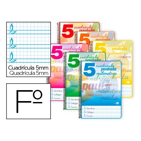 Cuaderno espiral liderpapel folio pautaguia tapa blanda 80h 80 gr cuadro pautado 5mm con margen colores surtidos