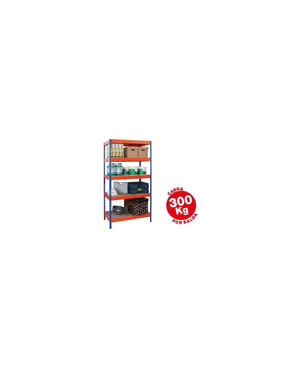 Estanteria metalica ar storage 192x100x50cm 5 estantes 300kg por estante bandejas de maderasin tornillos azul naranja