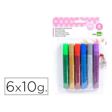 Purpurina pegamento liderpapel fantasia colores metalicos blister de 6 unidades de 10 gr