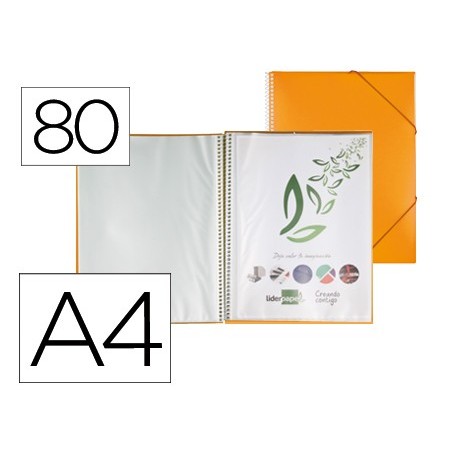 Carpeta liderpapel escaparate con espiral 80 fundas polipropileno din a4 naranja