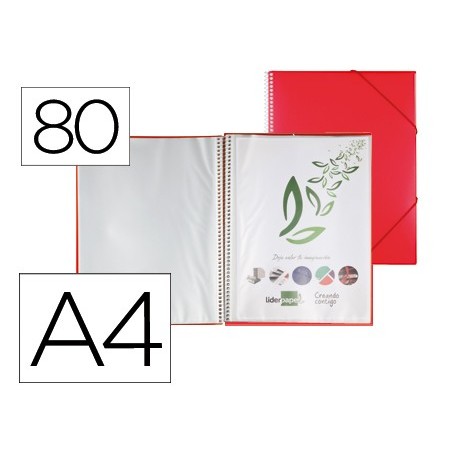 Carpeta liderpapel escaparate con espiral 80 fundas polipropileno din a4 rojo