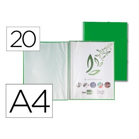 Carpeta liderpapel escaparate con espiral 20 fundas polipropileno din a4 verde