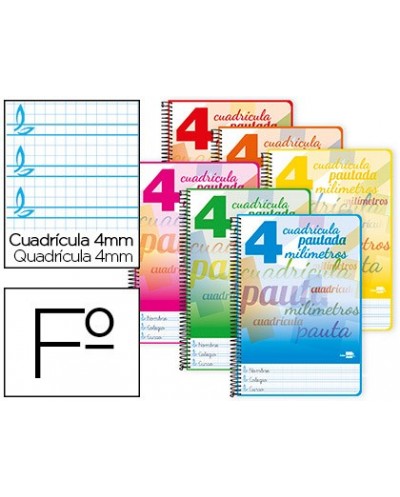 Cuaderno espiral liderpapel folio pautaguia tapa blanda 80h 75 gr cuadro pautado 4mm colores surtidos