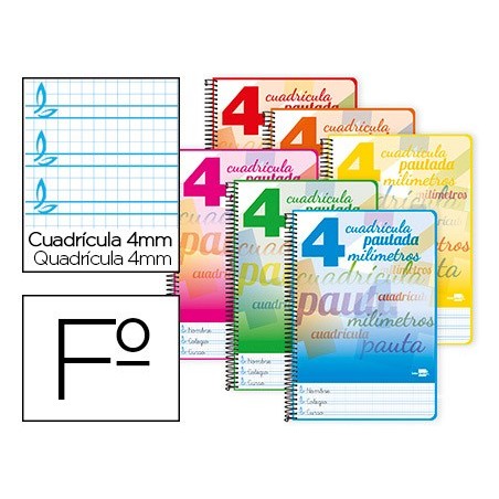 Cuaderno espiral liderpapel folio pautaguia tapa blanda 80h 75 gr cuadro pautado 4mm colores surtidos