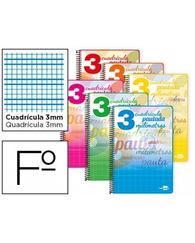 Cuaderno espiral liderpapel folio pautaguia tapa blanda 80h 75 gr cuadro pautado 3mm con margen colores surtidos