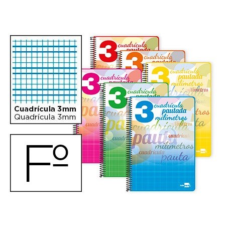 Cuaderno espiral liderpapel folio pautaguia tapa blanda 80h 75 gr cuadro pautado 3mm con margen colores surtidos