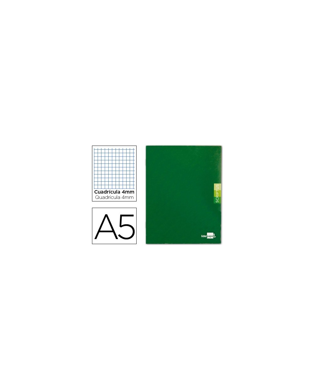 Libreta liderpapel scriptus a5 48 hojas 90g m2 cuadro 4mm con margen color verde