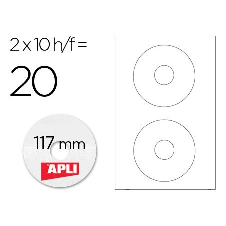 Etiqueta adhesiva apli 10603 tamano cd rom 117 mm para fotocopiadora laser ink jet caja con 10 hojas 20 etiquetas