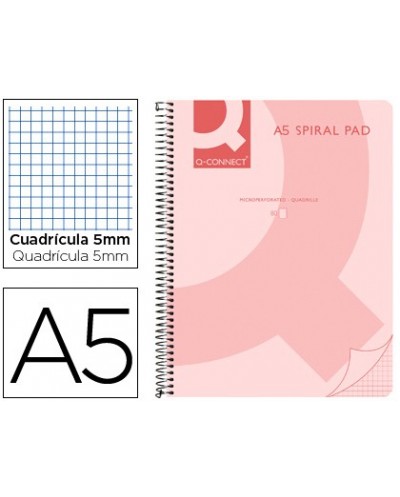 Cuaderno espiral q connect a5 micro tapa plastico 80h 70g cuadro 5mm sin bandas 6 taladros rosa