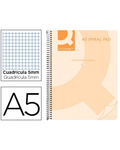 Cuaderno espiral q connect a5 micro tapa plastico 80h 70g cuadro 5mm sin bandas 6 taladros naranja