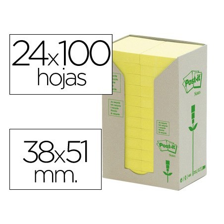 Bloc de notas adhesivas quita y pon recicladas en torre post it 38 x 51 mm 24 blocs 653 reciclado