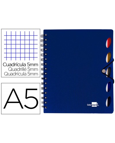 Cuaderno espiral liderpapel a5 micro executive tapa plastico 100h 80 gr cuadro 5mm 5 se paradores con gomilla azul